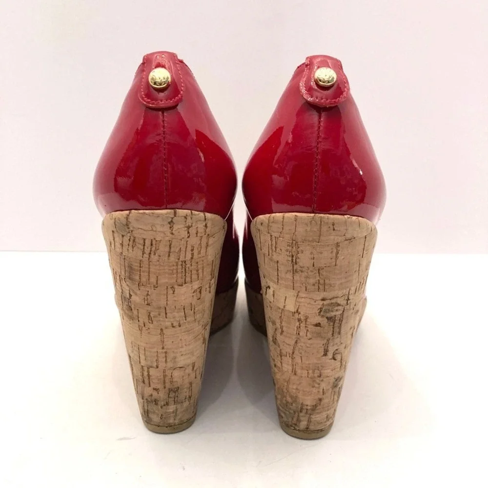 Stuart Weitzman Red Patent Leather Cork Wedge Heels Shoes Womens 7M Platform